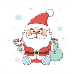 Santa Claus with Candy and Gift Bag Cartoon Vector Illustration