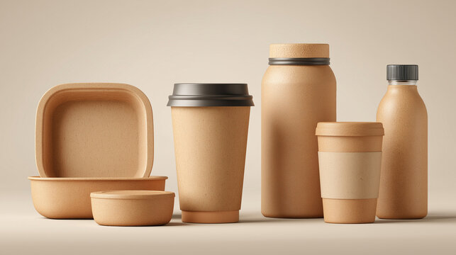 Eco Friendly Food and Drink Containers Set on Light Background, Sustainable Packaging Mockup