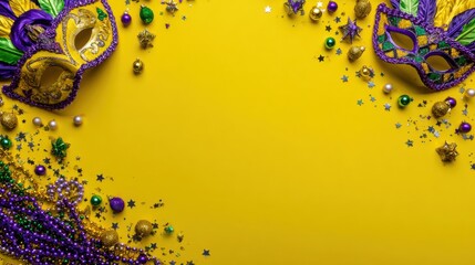 Obraz premium Vibrant Mardi Gras festive border with colorful masks and sparkling beads on yellow background, celebration poster concept