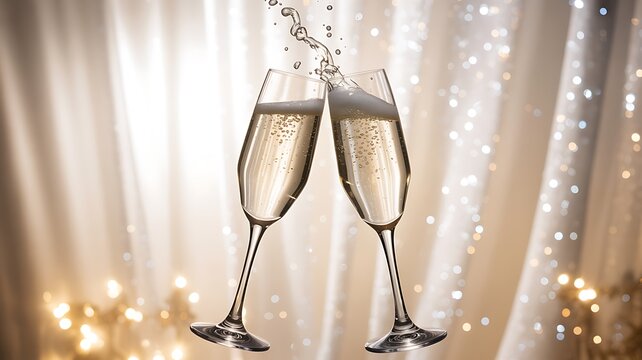 Two champagne flutes clinking with bubbles and golden light background - Powered by Adobe