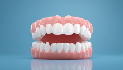 Obraz premium High quality photo of Dental Model of a Full Set of Teeth Showing Misalignment and Gaps on Blue Background