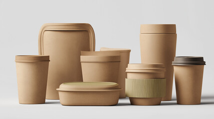 Eco Friendly Food and Drink Containers Set on Light Background, Sustainable Packaging Mockup