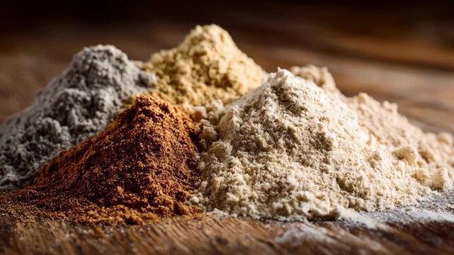 Medium shot of whole grain flours blended on a wooden surface highlighting dense texture for hearty whole wheat bread baking.