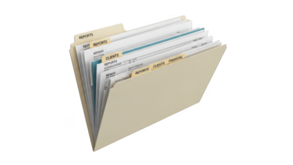 Organized file folder with reports isolated on transparent background