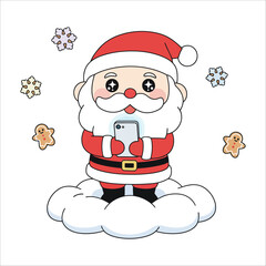 Cute Santa Claus Sitting on Cloud with Smartphone and Cookies Vector Art