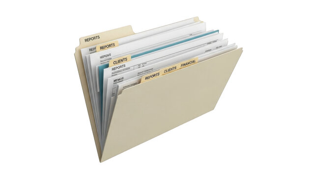 Organized file folder with reports isolated on transparent background
