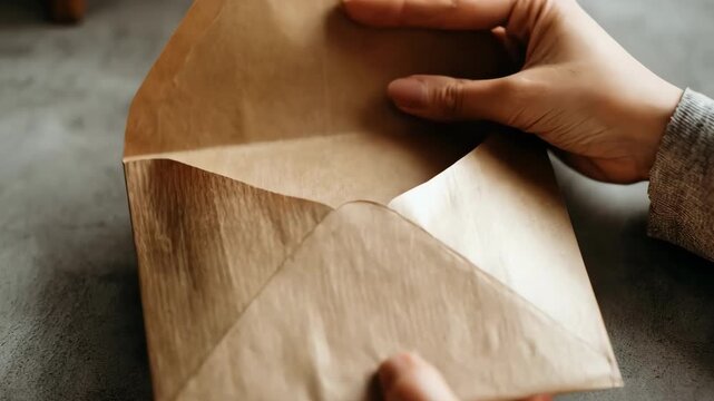 Closeup of hands sealing a biodegradable mailer envelope with recycled paper inside emphasizing ecoconscious parcel delivery methods.