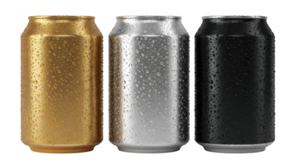 Three metallic beverage cans in gold, silver, and black