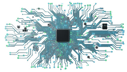 Intricate circuit board design isolated on transparent background