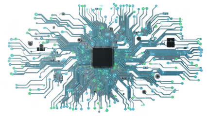 Intricate circuit board design isolated on transparent background