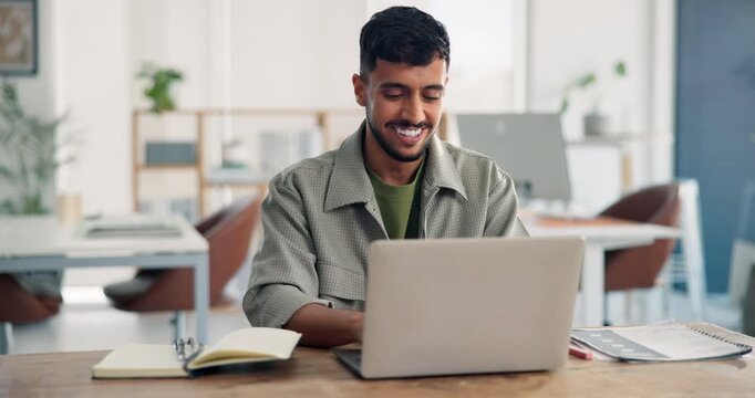 Media agency, laptop and man in office, smile and research for creative project. Happy person, planning and employee in workplace, pc or website info with submission proposal, email or online reading