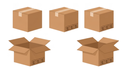 Set of six cardboard boxes, some open and some closed