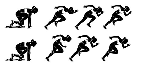 Obraz premium Dynamic running sequence illustrating a female athlete's powerful sprint from starting blocks to full acceleration
