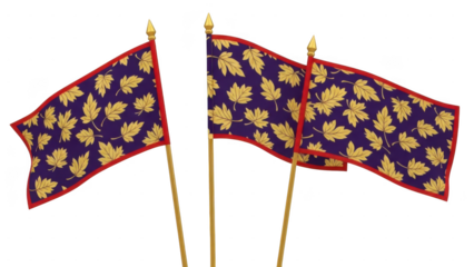 Two decorative flags with maple leaf patterns waving in the wind