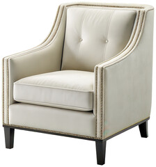 Elegant and plush cream-colored upholstered armchair with a classic wingback design, featuring subtle tufting on the backrest and decorative nailhead trim along, isolated on transparent background.