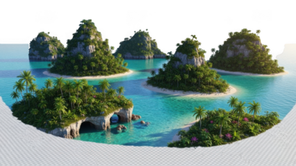 Tropical islands in crystal clear waters isolated on transparent background