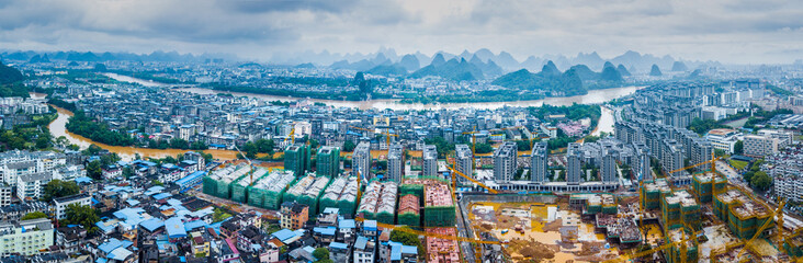 Aerial View of Flooded City Surrounded by Karst Mountains, Guilin China