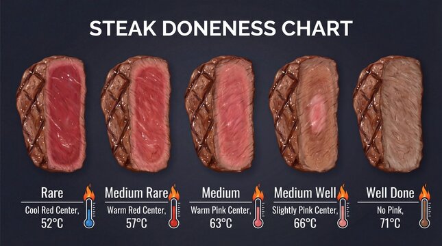 Steak doneness chart shows juicy steak. Steak guide compares rare medium well cuts with temps for grill lovers and kitchen posters, useful for summer bbq nights and steakhouse menu design
