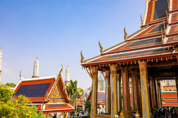 Fototapeta premium Wat Phra Kaew or Wat Phra Sri Rattana Satsadaram is temple used for various royal ceremonies during reign of King Rama I. It is temple within the Grand Palace. Inside temple is the Emerald Buddha.