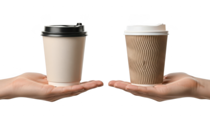 Two hands holding different disposable coffee cups