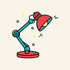 Red and teal adjustable desk lamp with retro pop art halftone dot pattern and splash elements, vector illustration