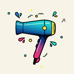 Blue and purple gradient hair dryer with retro pop art halftone dot pattern and splash elements, vector illustration