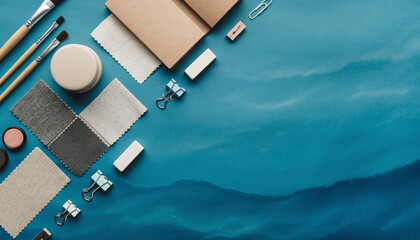 Overhead view of a creative workspace with various design materials on a blue background