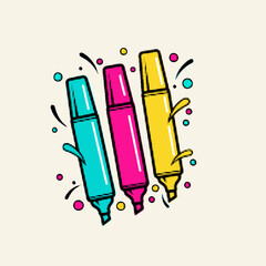 Set of three colorful markers with retro pop art halftone dot patterns and vibrant splash elements, vector illustration