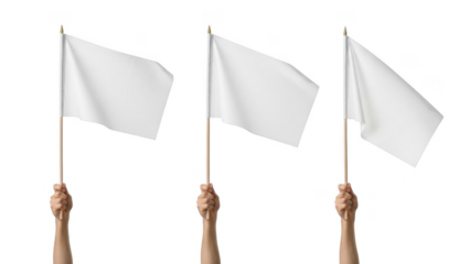 Three hands holding white flags
