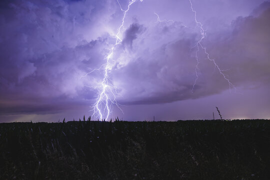 potenti fulmini vicini che si schiantano al suolo durante un intenso temporale notturno in un ambiente di campagna in pianura, nel nord Italia