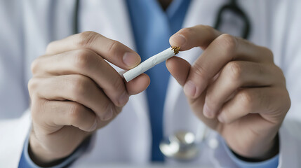 Doctor breaks cigarette to promote smoking cessation, symbolizing a commitment to healthier habits and advocating for a smoke-free lifestyle. Prevention is key.