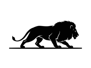 Powerful Black Lion Silhouette Illustration Prowling on Ground Level Minimalist Side View Vector