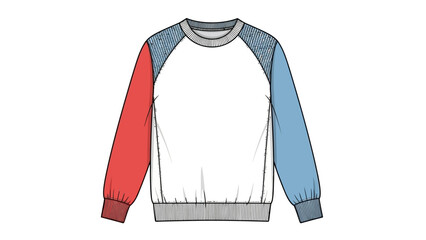 Long Sleeve Raglan Sweatshirt Fashion Flat Sketch with Color Block Panels and Ribbed Trim Vector © Rishi