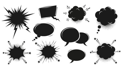 Comic Book Speech Bubbles and Explosion Burst Set with Halftone Dots and Action Clouds Vector © Rishi