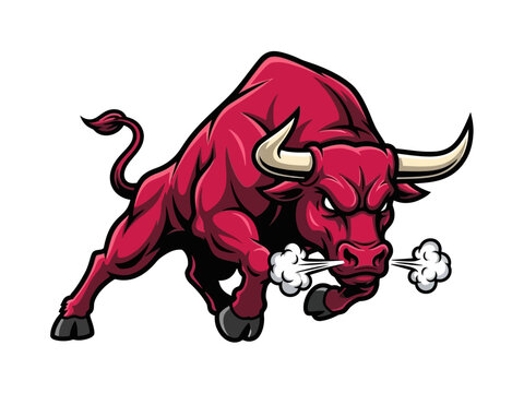 Angry Red Bull Mascot Illustration Charging with Sharp Horns and Steam from Nose Vector