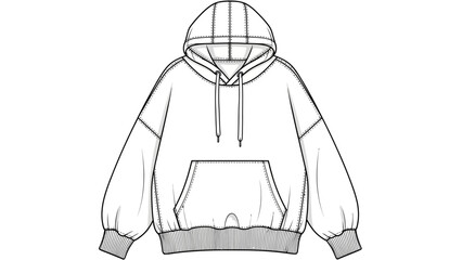 Oversized Hoodie Technical Sketch Mockup, White Unisex Hooded Sweatshirt Flat Fashion Illustration with Kangaroo Pocket and Drawstrings © Rishi