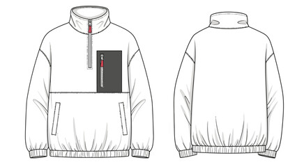 Blank fleece quarter-zip pullover technical sketch, white sherpa sweatshirt mockup with front pockets and zipper chest detail, athletic outerwear apparel flat template. © Rishi