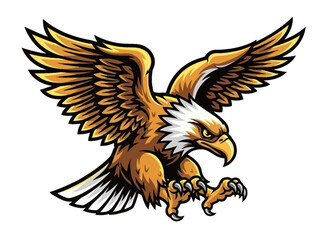 Fototapeta premium Powerful bald eagle mascot illustration, aggressive predatory bird with open wings and sharp talons, majestic golden eagle vector art for sports team logo and eSports branding.