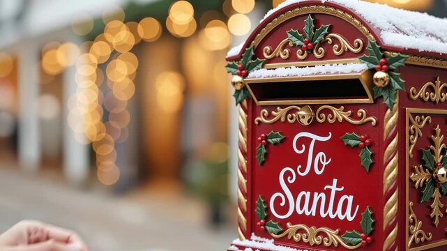 close up of a hand inserting a holiday letter into a festive red santa mailbox decorated with holly and snow during christmas season