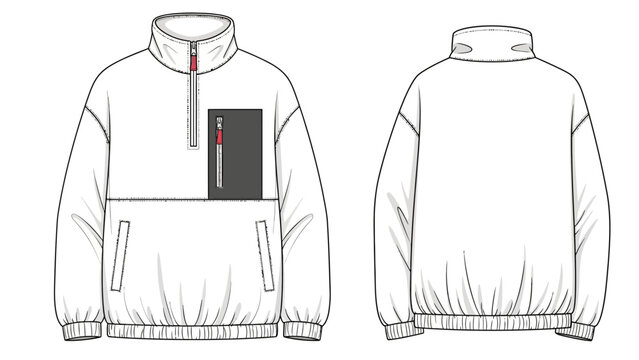 Blank fleece quarter-zip pullover technical sketch, white sherpa sweatshirt mockup with front pockets and zipper chest detail, athletic outerwear apparel flat template.