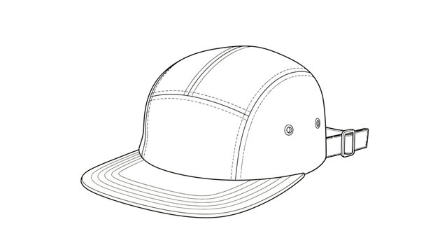 Blank 5-panel camper hat technical sketch, white long-strap baseball cap mockup, streetwear headwear apparel flat template with side ventilation eyelets.