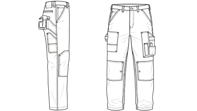 Blank men's workwear cargo pants technical sketch, white carpenter trousers with utility pockets and hammer loop, professional industrial apparel template flat view.