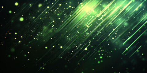 abstract digital background featuring diagonal green glowing light streaks and scattered sparkling dots on dark starry field