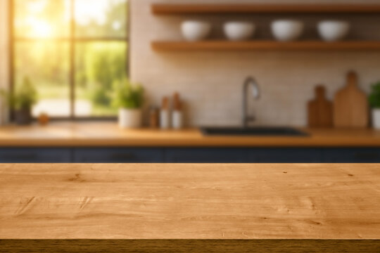 Kitchen wood table top for product display with blurred modern interior. Wooden tabletop over defocused kitchen background. kitchen furniture and desk space. product promotion in the kitchen