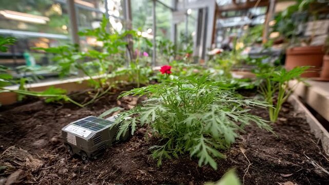 Solarpowered robotic weeding device captured in action within a greenhouse environment systematically eradicating weeds to support organic ecofriendly crop cultivation.