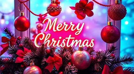Ultra-realistic Merry Christmas with vibrant colors and ornaments