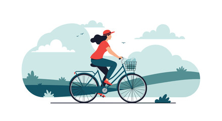 Fototapeta premium Woman in a red hat enjoys a relaxing bike ride through a serene landscape with rolling hills and clouds in the sky.