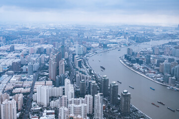 Fototapeta premium Shanghai Panoramic Aerial View with Huangpu River and Skyline