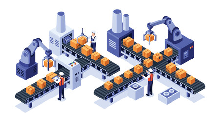 Obraz premium Isometric view of a smart factory with workers and robotic arms operating on an automated conveyor belt production line.