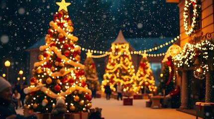 Ultra-realistic photograph of a festive Christmas scene, warm golden light, snow falling gently